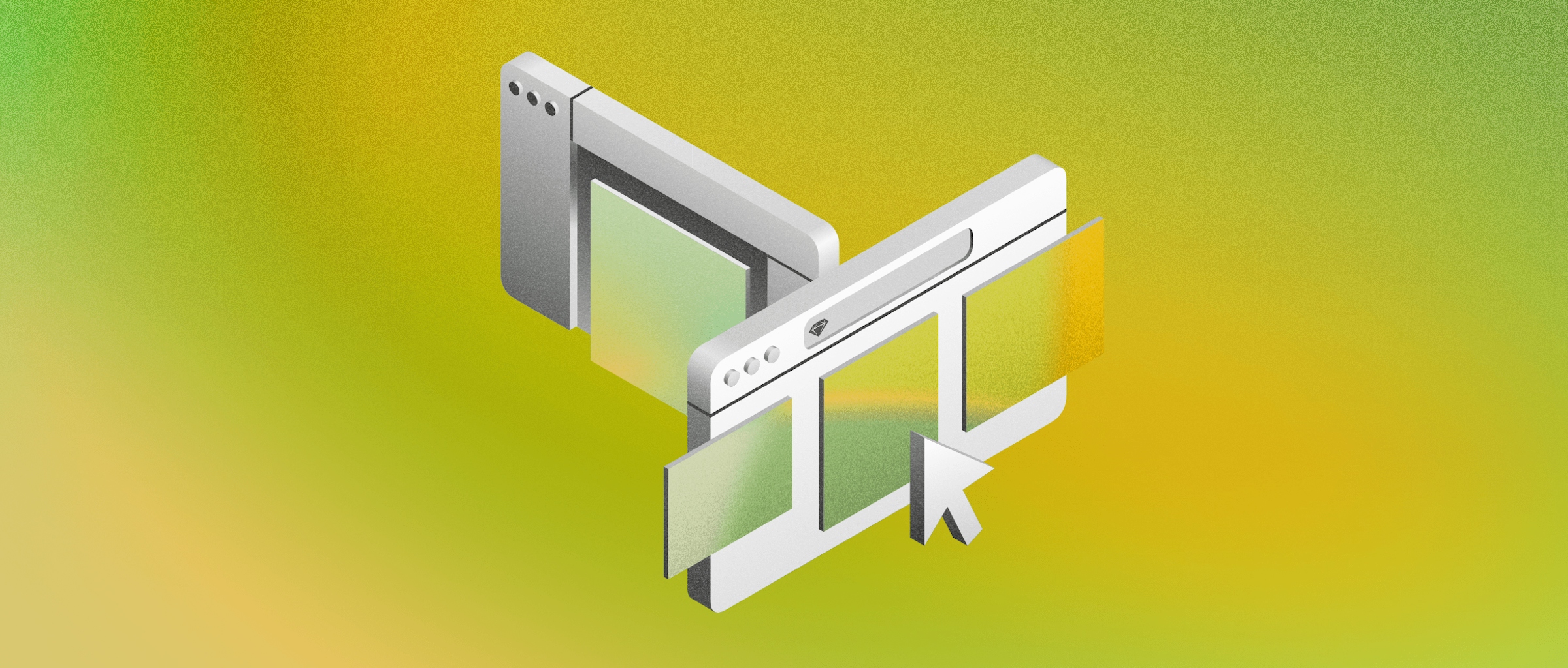Illustrated image of two Mac windows at perpendicular angles on a green background