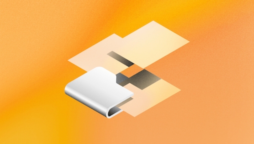 A 3D illustration of some computer files floating over a folder, on a yellow background