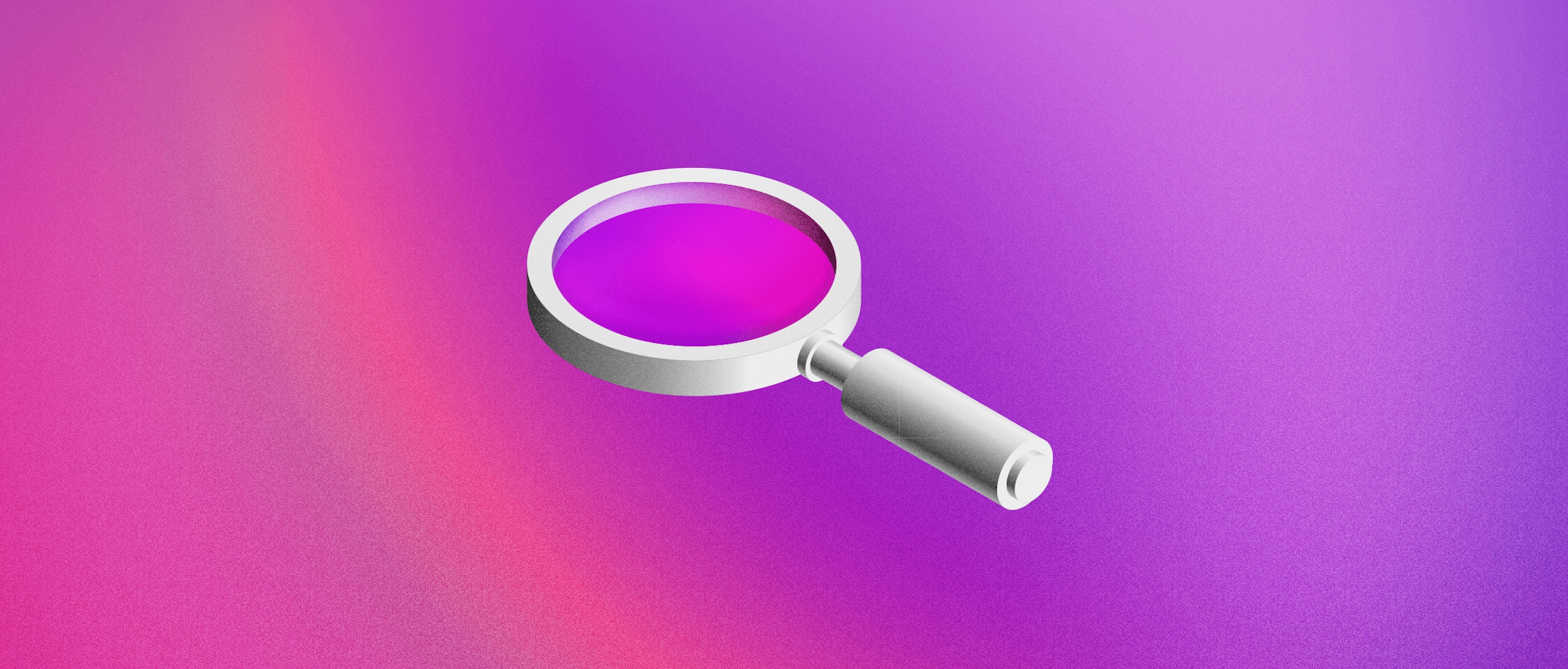 An illustration showing a black and white magnifying glass in 3D, on a purple background