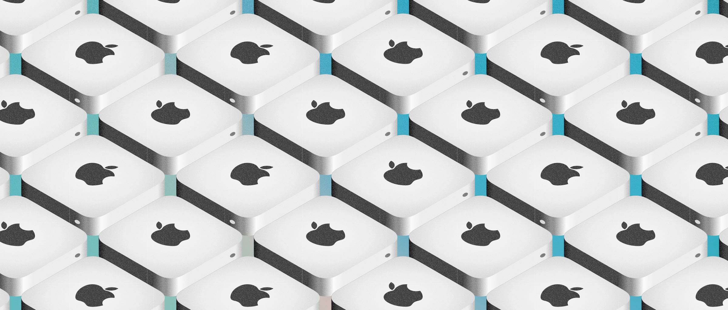 An image showing a series of illustrated Mac minis from an isometric viewpoint