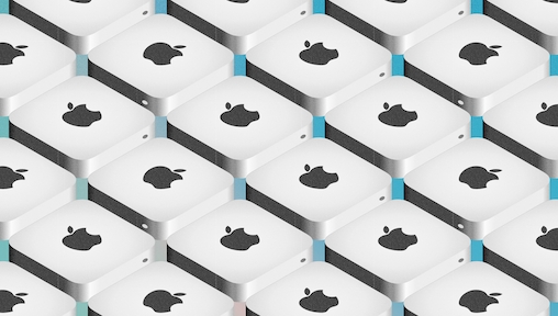 An image showing a series of illustrated Mac minis from an isometric viewpoint