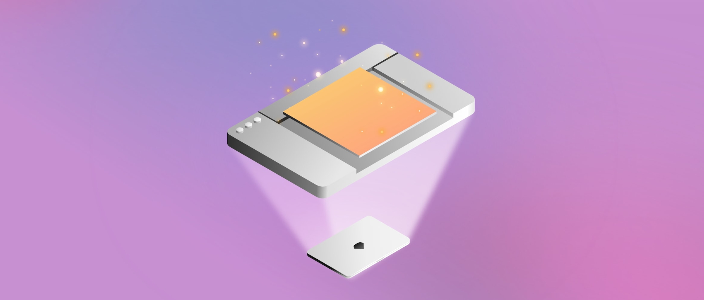 An isometric illustration showing a closed laptop with a diamond logo on the lid. Light is emanating out the top of the laptop, and floating above it is an illustrated Sketch window with sparkles around it and an orange polygon where the Canvas is.