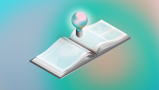 An illustrated image showing an open portfolio book with a lightbulb hovering above one page.