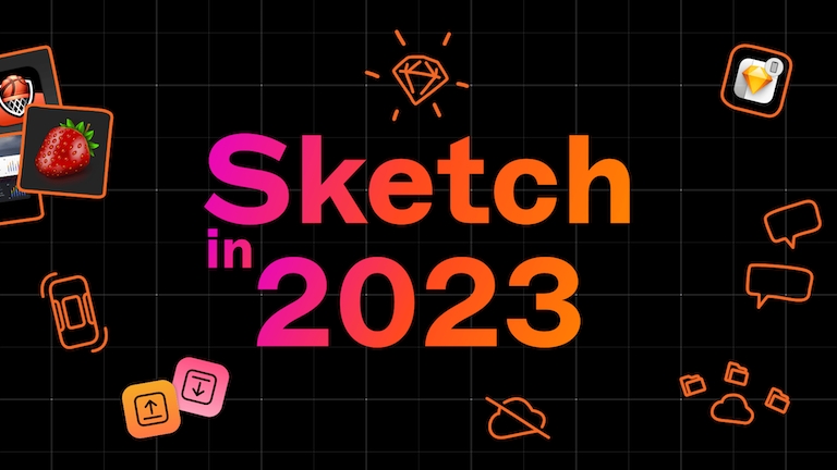 The words “Sketch in 2023” in the center of a grid with small illustrations and icons surrounding it representing different updates from the year.