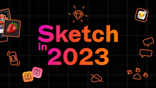 The words “Sketch in 2023” in the center of a grid with small illustrations and icons surrounding it representing different updates from the year.