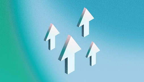 A 3D illustration of arrows pointing upwards around a 3D cloud, on a blue background.