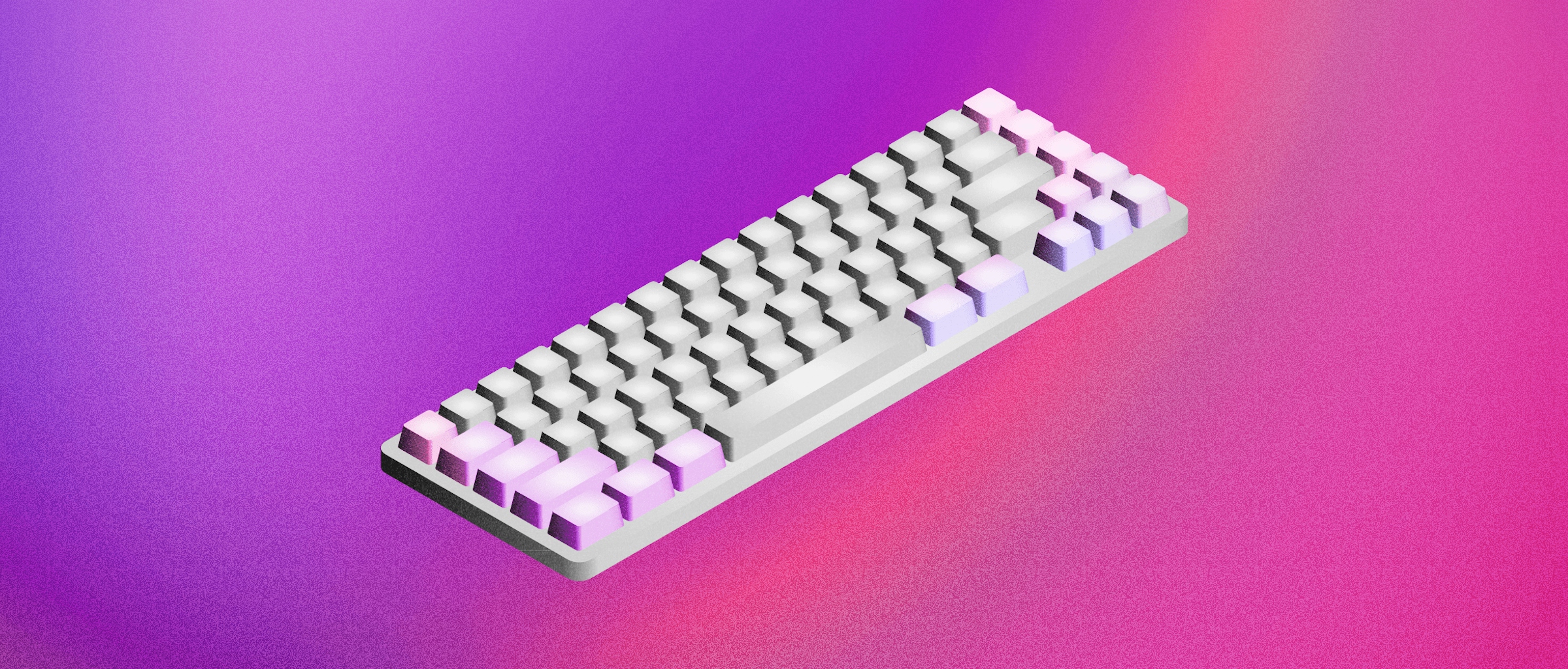 An illustrated image of a grey keyboard from an isometric perspective, showing on a purple background