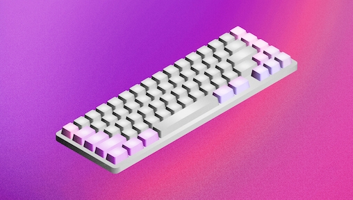 An illustrated image of a grey keyboard from an isometric perspective, showing on a purple background