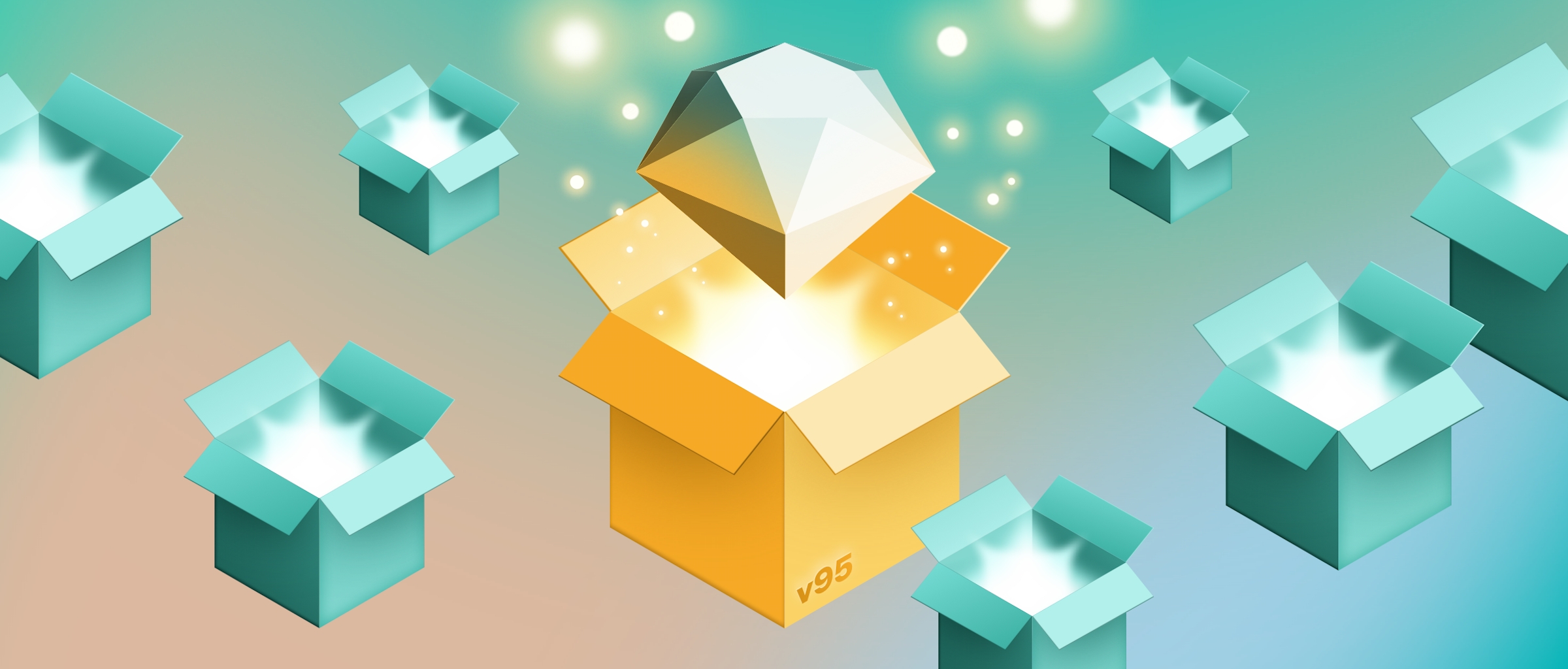 An image showing multiple boxes with a blue background. In the middle, the Sketch diamond is coming out of a yellow, shiny box. 