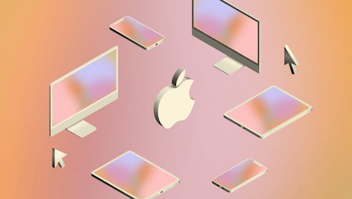 An illustration showing grey, stylized Macs, iPads and iPhones around an Apple logo on an orange and pink gradient background