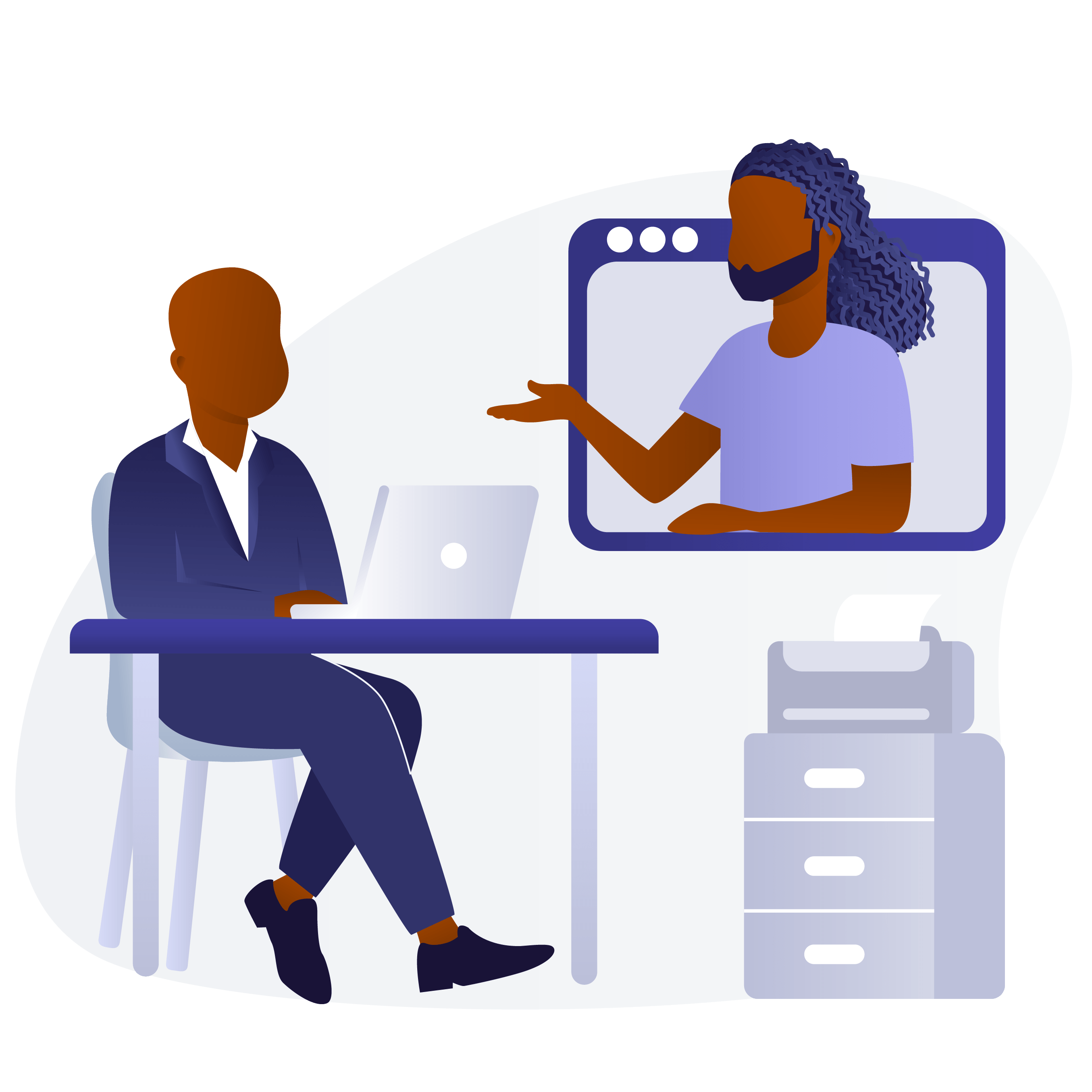 An illustrated image of two Black men video chatting in an office environment
