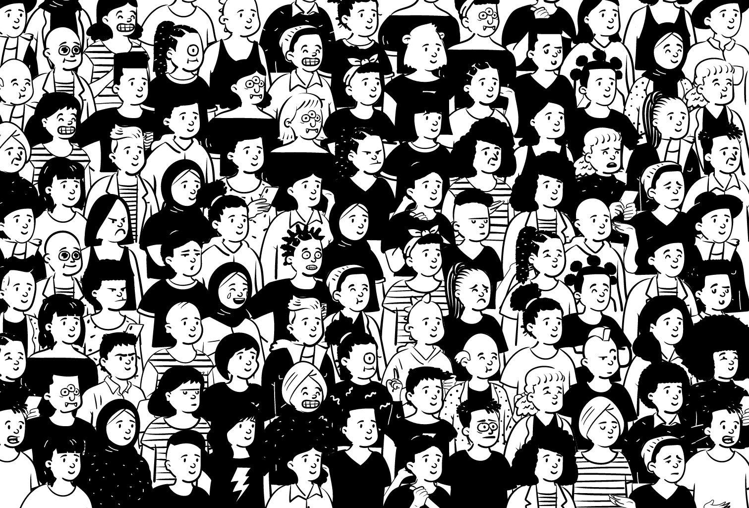 An image showing a large collection of monochrome avatars, each with a different hairstyle, facial expression and hair style
