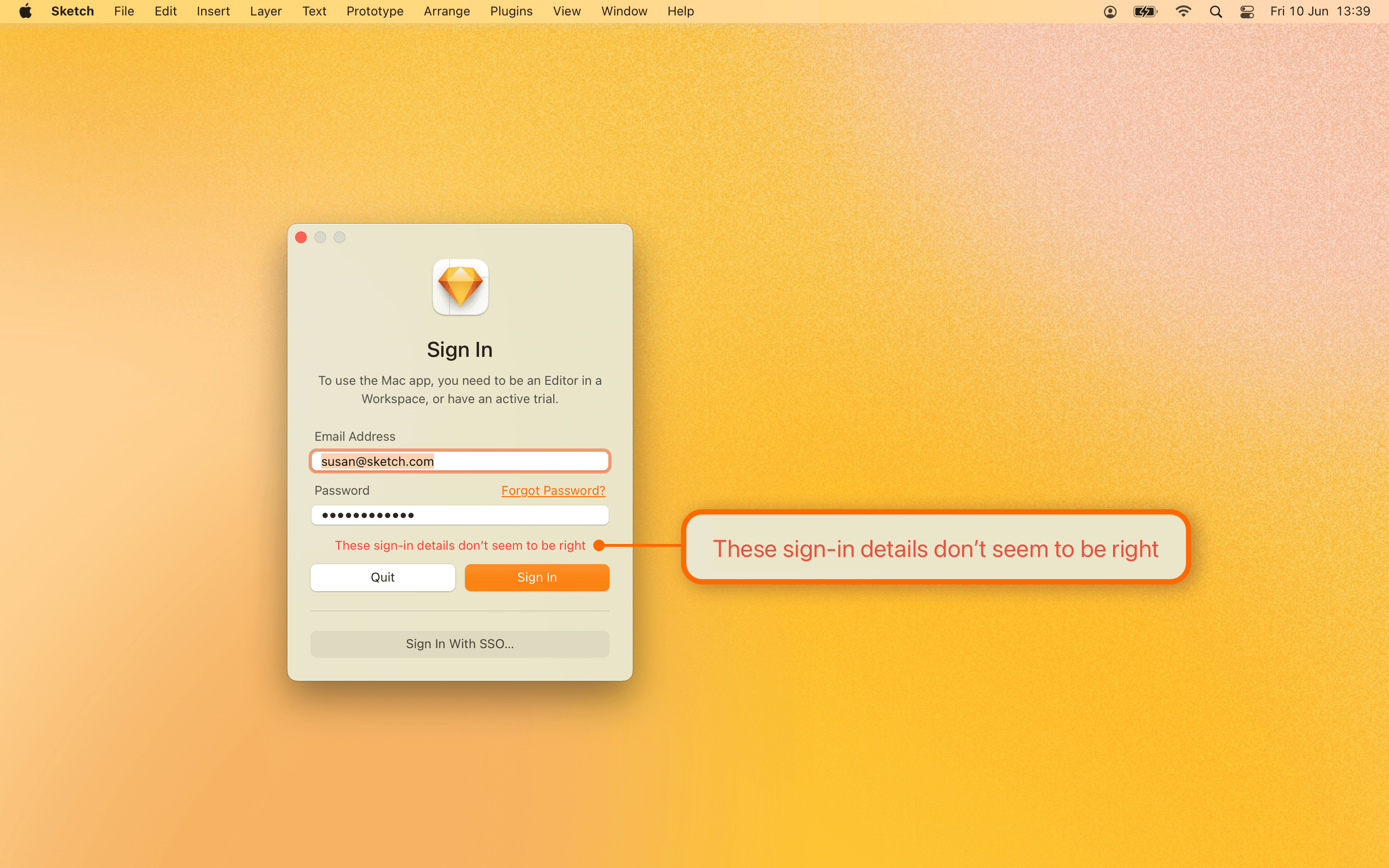 Login error message in the Sketch Mac app